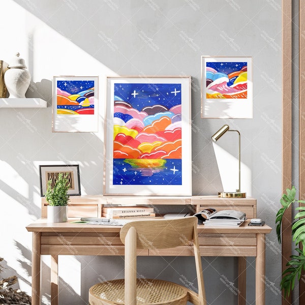 Ensemble d'art mural galerie de 3 tirages fait main, impression gouache, made in france, art mural monde imaginaire, nuages multicolors