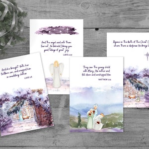 Kerstkaartenset van 4, religieuze kerstkaarten, christelijke kerstkaarten, bijbelvers, kerstboodschap, aquarel, premium karton