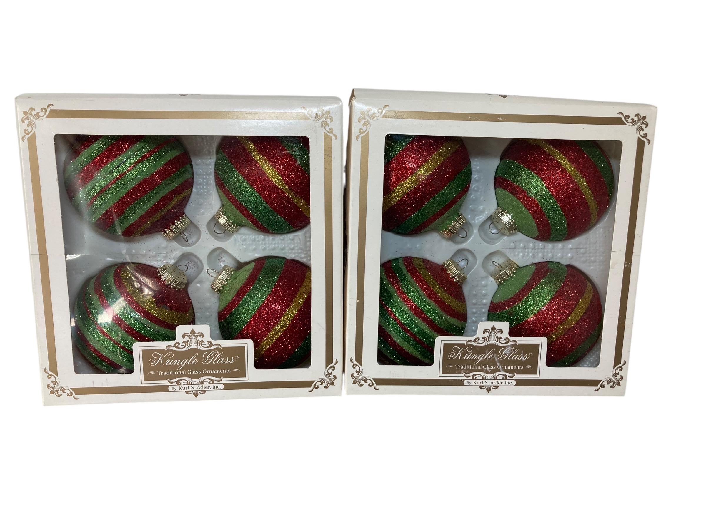 Lot - 2 Boxes VTG Kurt Adler Kringle Glass Ornaments Red Green Stripes Glitter