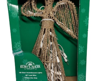 VTG Kurt Adler 12” Gold Glitter Angel Tree Top 20 Light in Box TESTED WORKS