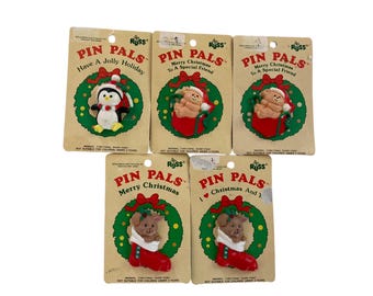 Lot - 5 VTG Russ Berrie Christmas Pin Pals Holiday Penguin Dog Bear  #1918