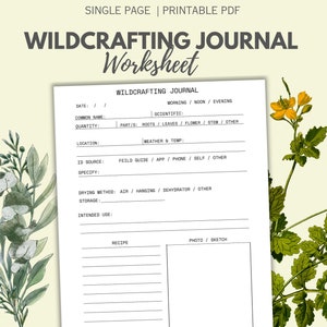Könnte beinhalten: Druckbarer Wildkräuter-Tagebuch-Arbeitsblatt mit floralem Design. Das Arbeitsblatt enthält Abschnitte für Datum, gebräuchlicher Name, wissenschaftlicher Name, Menge, Standort, ID-Quelle, Trocknungsmethode, Lagerung, Verwendungszweck, Rezept und Foto/Skizze.
