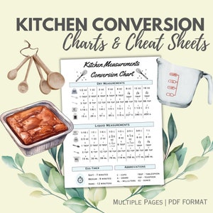 May include: A printable kitchen conversion chart with measurements in ounces, cups, tablespoons, teaspoons, and milliliters. The chart includes dry and liquid measurements, as well as an egg timer guide and abbreviations for common kitchen terms.