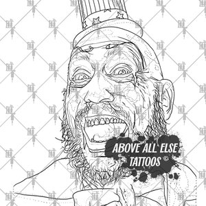 Puede incluir: Ilustración en blanco y negro de un hombre con barba que lleva un sombrero de copa con estrellas y rayas. El hombre está gritando con la boca abierta y la lengua fuera. El texto "ABOVE ALL ELSE TATTOOS ©" está debajo de la barbilla del hombre.