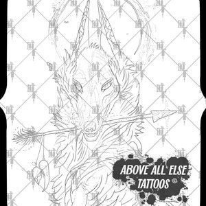 May include: Line art tattoo design of a wolf with an arrow through its mouth. The wolf has a fierce expression and is surrounded by a swirling design. The text "ABOVE ALL ELSE TATTOOS ©" is in the bottom right corner.