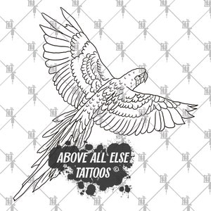May include: Black and white line art illustration of a parrot in flight. The parrot has its wings spread wide and its head turned to the side. The image is set against a white background with a black and white splatter effect in the lower right corner. The text "ABOVE ALL ELSE TATTOOS" is written in black letters on the splatter effect.
