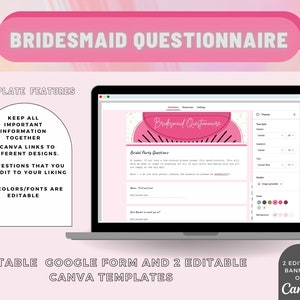 Op de afbeelding: Een roze en witte digitale sjabloon voor een bruidsmeisjes-vragenlijst. De sjabloon heeft een watermeloenontwerp en de tekst "Bridesmaid Questionnaire". De sjabloon is bewerkbaar en bevat 22 vragen, 2 Canva-links en een bewerkbaar Google-formulier.