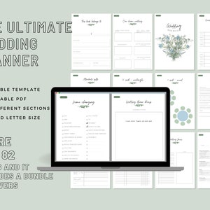 May include: A digital planner for weddings with 82 pages and a bundle of covers. The planner is displayed on a laptop screen and includes sections for wedding planning, guest lists, seating charts, and more.