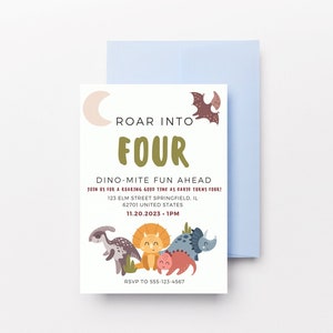 EDITABLE Roar into Four Dinosaur Birthday Invitation | Boy Dino T-Rex Invitation | Fourth Birthday Dino-Mite Invite Dinosaur Invitation