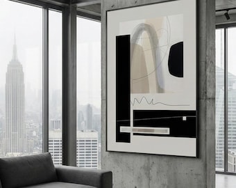 幾何学的なアーチの抽象的な壁アート、ニュートラルなアースカラーのプリント、モダンな構成、ミニマリストなジャパニーズインテリア