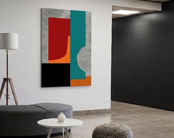 モダンな幾何学模様のウォールアート - バウハウス風プリント - 赤、青緑、オレンジの抽象的な形