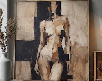 抽象的な女性のヌード画、質感のあるアースカラーのウォールアート、モダンなキュビズムの人物画、ニュートラルなベージュと黒のキャンバス、大きなインパストアート作品