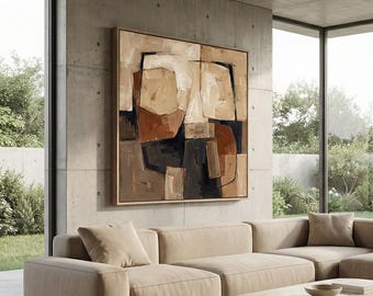 抽象的なアースカラーの油絵、ミニマリストギャラリーアート（デジタルダウンロード 80 x 80 cm Jpeg ファイル）