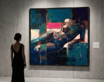 抽象的な女性のヌード画 - ティールとマゼンタの壁アート - モダンなキャンバスの人物像、大きな現代的な装飾