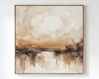 Lámina abstracta de paisaje en acuarela, arte etéreo en tonos beige y marrón (descarga digital)