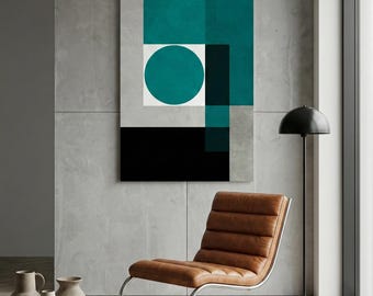 ティール色の幾何学模様の抽象ウォールアート - バウハウス風ポスター、リビングルームに最適なミニマリストな円形プリント