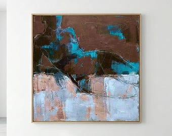 アズール・シルエット - モダン抽象ヌード絵画、アースブラウンとターコイズブルーの壁アート