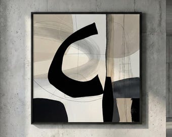 抽象的なブラシストロークのアートプリント、ベージュブラックニュートラルな装飾（デジタルダウンロード）