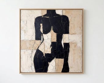 抽象的な女性のヌード画、質感のあるアースカラーのウォールアート、ニュートラルベージュとブラックのキャンバス、大きなインパストアート作品