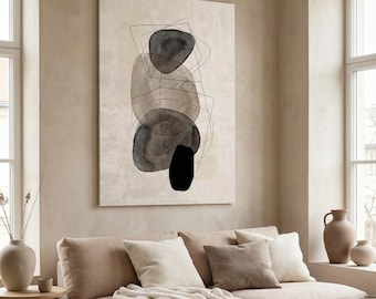 モダンな水彩画、幾何学的な線と石、スカンジナビア風の装飾、ミニマリストの石の構成。