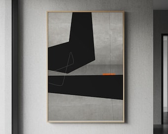 ミニマリスト抽象ウォールアート、黒の幾何学模様にバーントオレンジの線、ミッドセンチュリーモダン