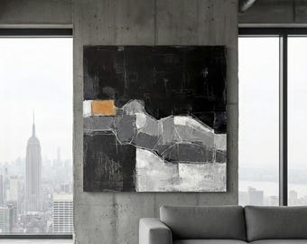 抽象的な女性のヌード画 - モダンな抽象的な壁アート - 黒、グレー、ゴールドの黄土色のテクスチャ画 - ミニマリストのインダストリアル装飾