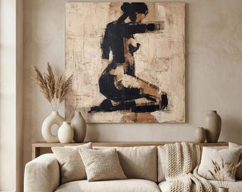 抽象的な女性のヌード画、質感のあるアースカラーのウォールアート、モダンなキュビズムの人物画、ニュートラルなベージュと黒のキャンバス、大きなインパストアート作品