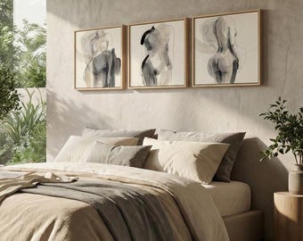 ミニマリストの女性ヌードアートプリント 3 枚セット | 抽象的な女性のシルエット インクと水彩 | ニュートラル トーンのギャラリー ウォール デコ。