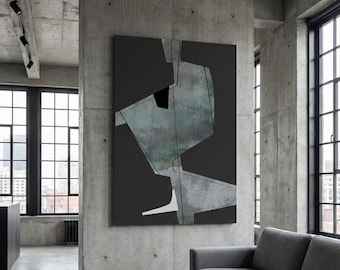 工業用幾何学模様の抽象プリント - ブルータリスト風ウォールアート、コンクリートテクスチャポスター、モダンなグレーとブルー