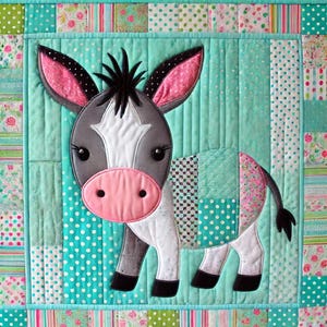 May include: A patchwork quilt block featuring a cute cartoon donkey with black and white markings, pink ears, and a pink nose. The donkey is standing on a turquoise background with white polka dots.
