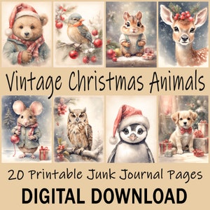 Páginas de diário de lixo para impressão de animais de Natal, papel digital de férias de inverno em aquarela vintage para fazer cartões, filhote de cachorro gatinho coruja raposa lobo