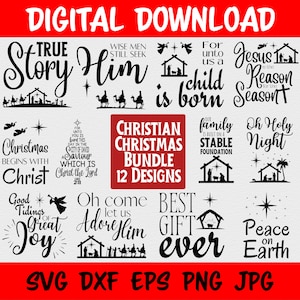 12 Christian Christmas SVG Bundle, stampabile Carol Decor Disegni per camicie Tazze Segni Etichette regalo Taglia file per Cricut Silhouette png jpg eps
