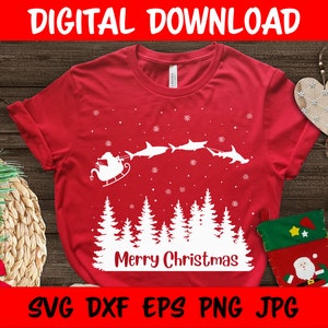 Merry Christmas Shark SVG, Pulling Santa's Sleigh, Printable Design for Kids Girls Boys Animal Lover, Cut Files for Cricut, Silhouette, PNG