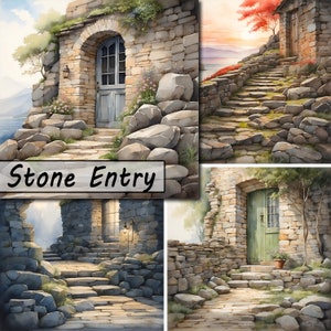 Stone Entry, 10 JPEG Bundle, Digital Scrapbook Junk Journal Paper, Clipart Scenes, Stone Walls Doors Rustic Houses Sunset, Commercial Use