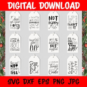 12 étiquettes de cadeau de Noël SVG Bundle, étiquettes de citations de vacances drôles imprimables, fichiers coupés pour Cricut Silhouette, étiquette de vin de bas, PNG jpg dxf eps