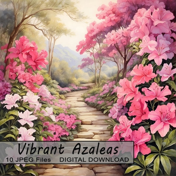 Vibrant Azaleas, 10 JPEG Bundle, Digital Scrapbook Junk Journal Paper, Clipart Scenes, Pink Magenta Fuchsia Spring Flowers, Commercial Use