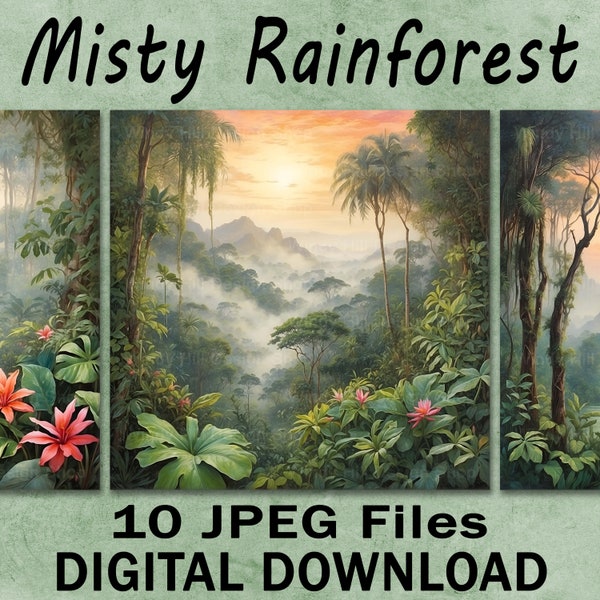 Misty Rainforest, 10 JPEG Bundle, Digital Scrapbook Junk Journal Paper, Clipart Scenes, Jungle River Sunset Tropical Flowers, Commercial Use