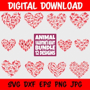 12 Animal Valentine Heart SVG Bundle Printable Color Designs Dinosaur Cat Dog Owl Wolf Dolphin Horse Shark Dragon Kangaroo Turtle Paw Prints