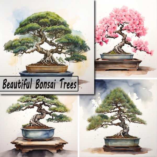 Beautiful Bonsai Trees, 10 JPEG Bundle, Digital Scrapbook Junk Journal Paper, Clipart Scenes, Watercolor Green Pink Plants, Commercial Use