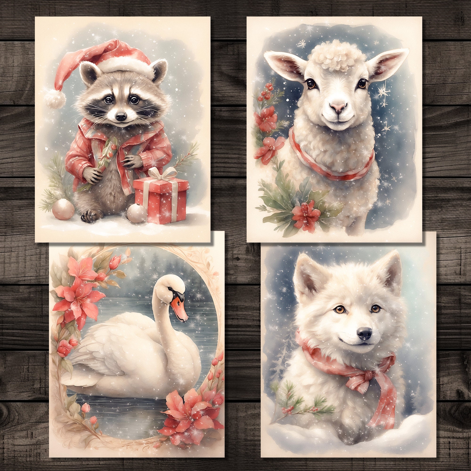 Christmas Animals Printable Junk Journal Pages, Vintage Watercolor