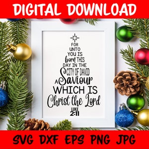SVG de Navidad cristiana, árbol de Navidad Lucas 2:11, diseño imprimible para camisetas, tazas, letreros, etiquetas de regalo, archivos de corte para Cricut Silhouette, png