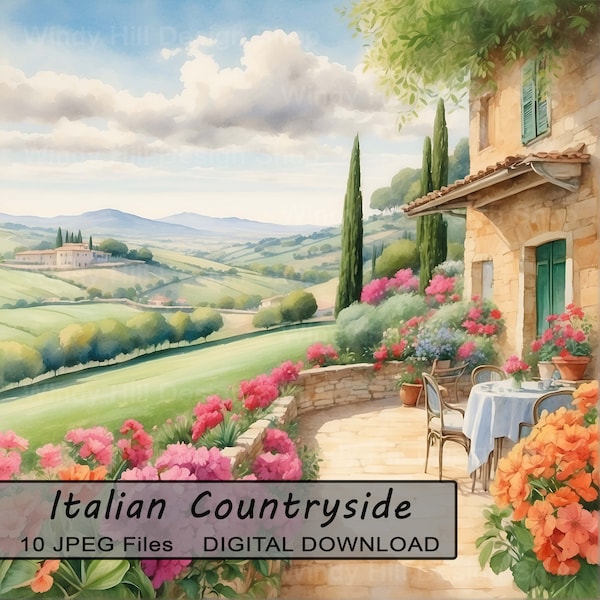 Italian Countryside, 10 JPEG Bundle, Digital Scrapbook Junk Journal Paper, Clipart Scenes, Floral Scenery, Lake Villa Hills, Commercial Use