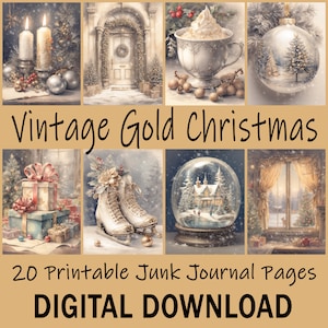 Gouden kerst afdrukbare ongewenste dagboekpagina's, wintervakantie vintage aquarel scrapbookpapier, digitaal papier voor journaling, kaarten maken