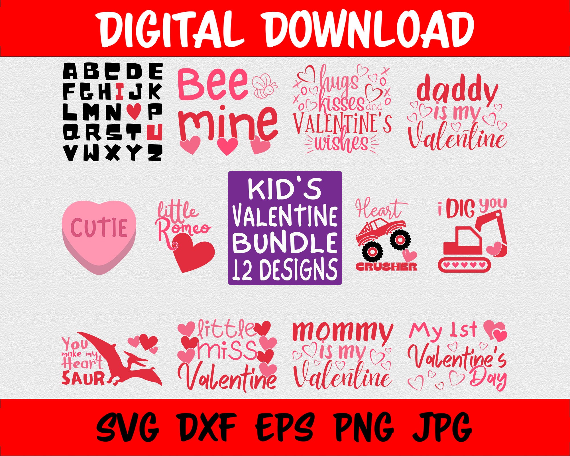 12 Kid's Valentine SVG Bundle, Funny Quotes for Girls Boys Children, Printable Pink Red Valentine's Day Cut Files for Cricut Silhouette, png