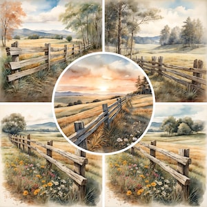 Recinzioni rustiche, pacchetto 10 JPEG, carta per diario spazzatura di album digitale, scene clipart, scene di campagna rurale colline fiori, uso commerciale