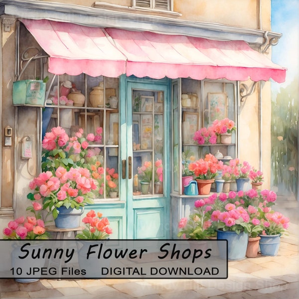 Sunny Flower Shop, 10 JPEG Bundle, Digital Scrapbook Junk Journal Paper, Clipart Scenes Floral Scenery Florist Windows Awning Commercial Use