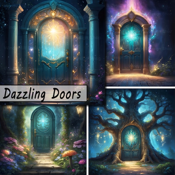 Dazzling Doors, 10 JPEG Bundle, Digital Scrapbook Junk Journal Paper, Clipart Scenes, Magical Mystical Dark Fantasy Forest, Commercial Use