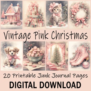 Pink Christmas Printable Junk Journal Pages, Vintage Watercolor Winter Holiday Scrapbook Paper, Digital Paper for Card Making, Journaling