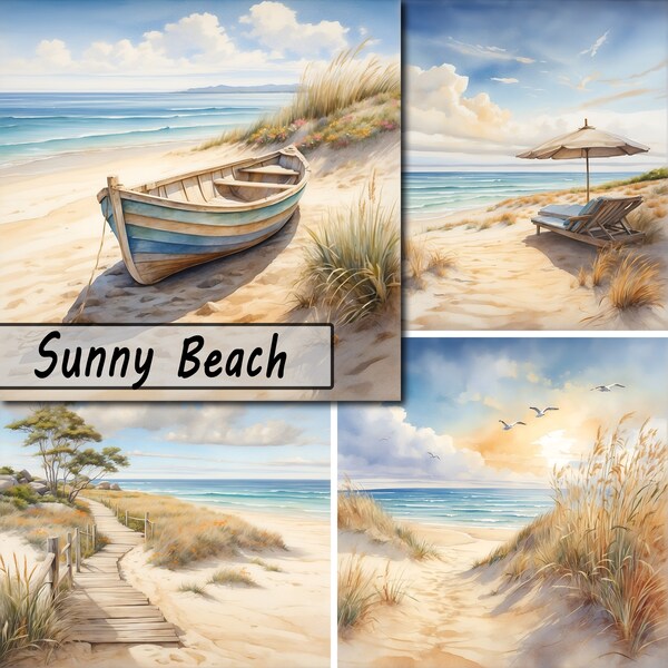 Sunny Beach, 10 JPEG Bundle, Digital Scrapbook Junk Journal Paper, Clipart Scenes, Seascapes Ocean Views Row Boat Sea Gulls, Commercial Use