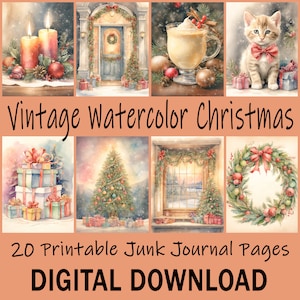 Colorful Watercolor Christmas Printable Junk Journal Pages Winter Holiday Vintage Digital Scrapbook Paper for Card Making Journaling Collage